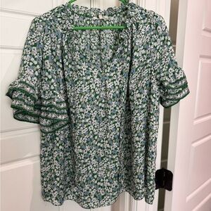 Max Studio White and Green Floral Blouse